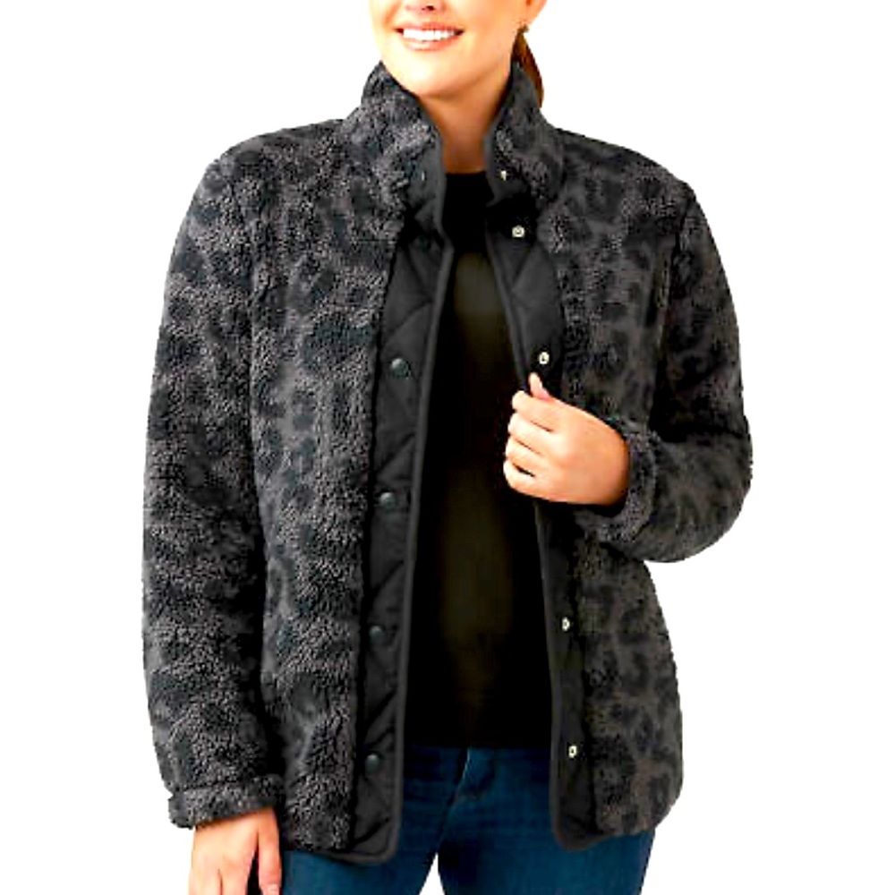 Member Mark Cozy Sherpa Womens Full Snap Jacket Black Leopard Print Coat Size M